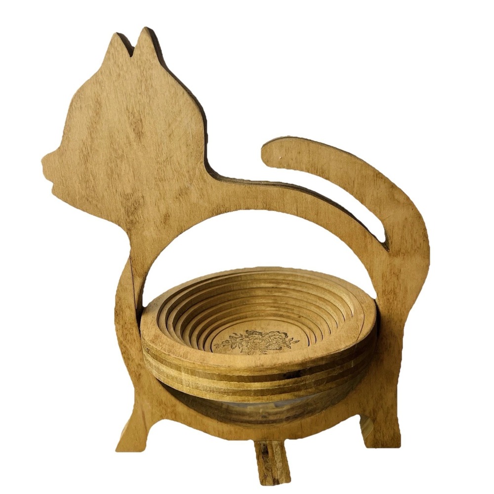 Cat Shaped Folding Collapsible Wooden Basket Catch All Bowl Decor 9" Tall - Picture 1 of 8